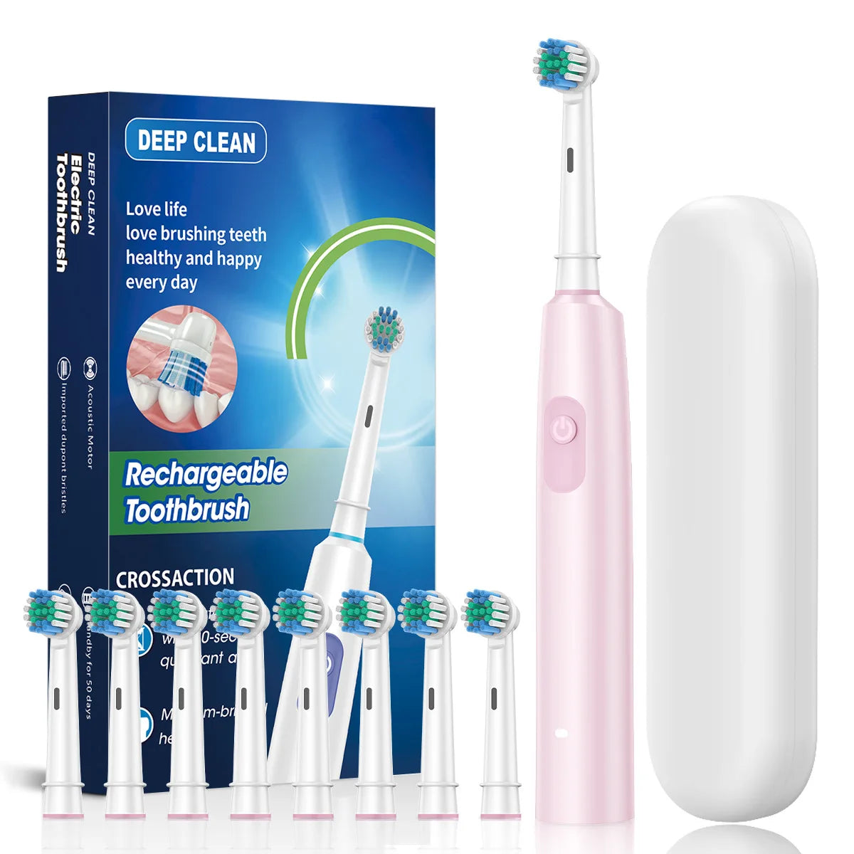 Electric Toothbrush Rotary Cleaning Teeth Brush Waterproof Electronic Tooth Brush with Timer Rechargeable Toothbrush with 8 Head