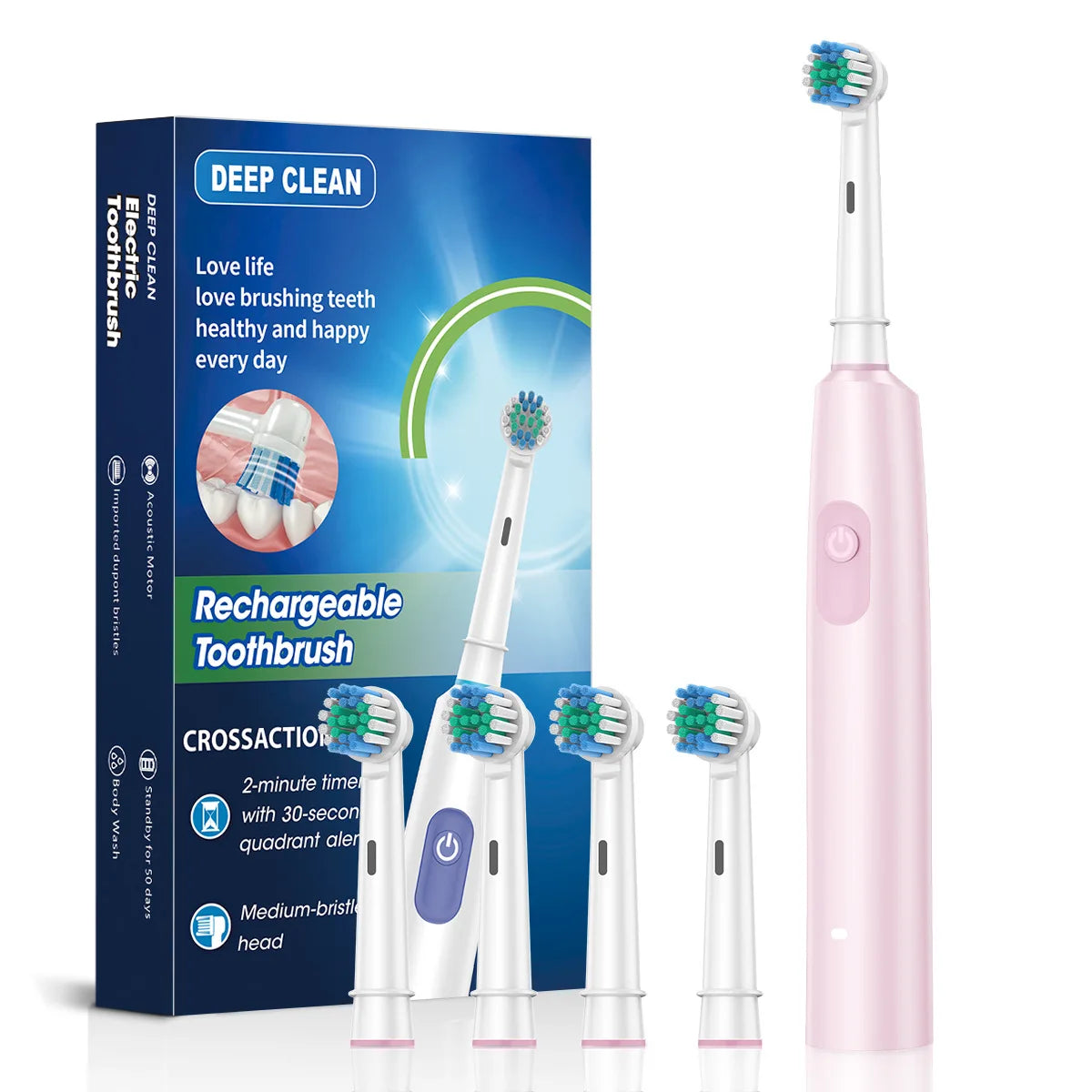 Electric Toothbrush Rotary Cleaning Teeth Brush Waterproof Electronic Tooth Brush with Timer Rechargeable Toothbrush with 8 Head